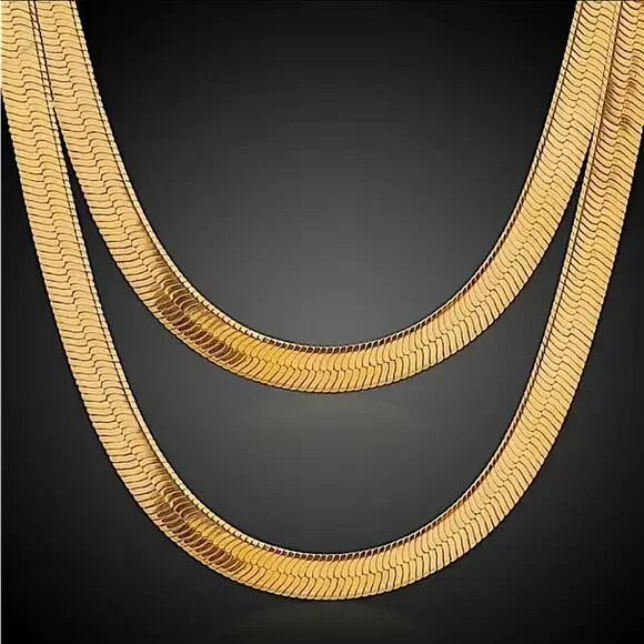Gold Herringbone Flat Necklace Bracelet Set, Unisex, Two Piece 4mm - Picture 7 of 10